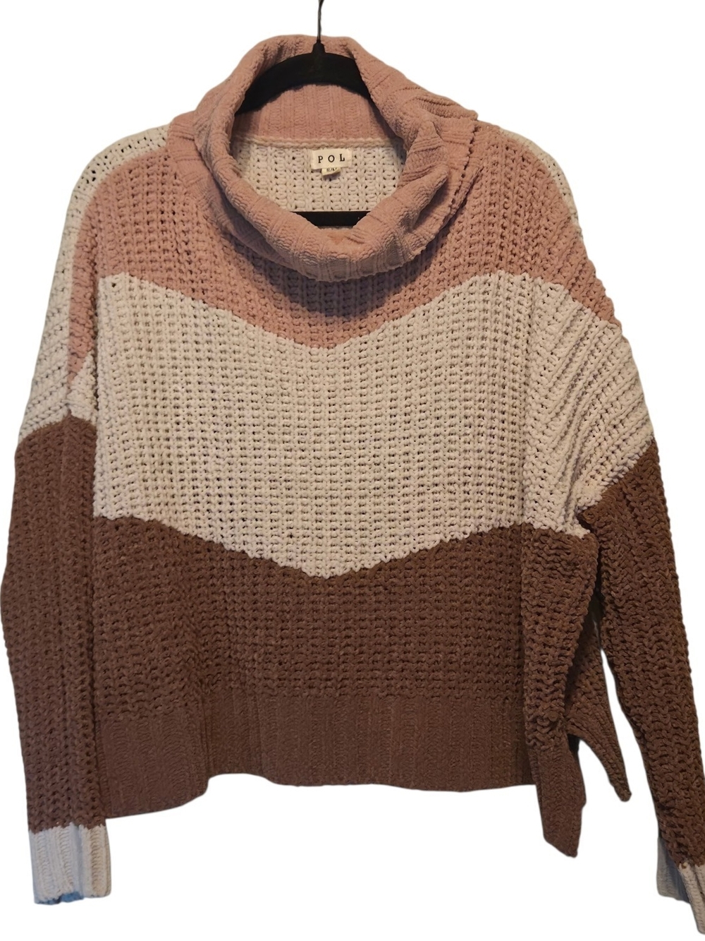 POL Colorblock Cowl Neck Cabincore Sweater - Pink, Cream & Brown